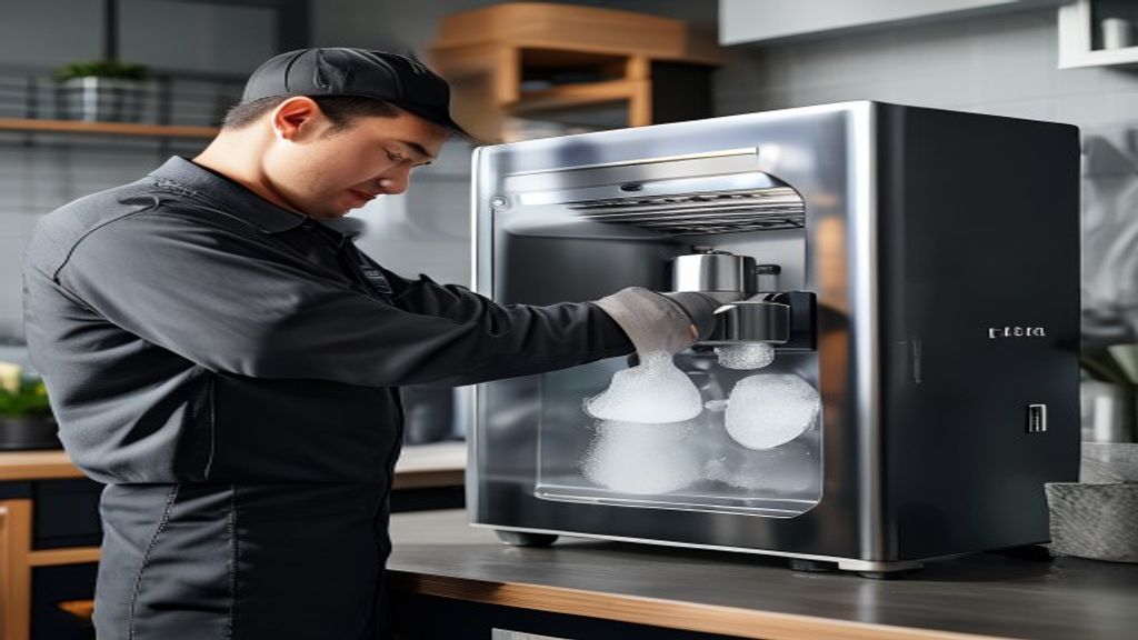 Technician checking water filter and maintenance points on a cubelet ice machine