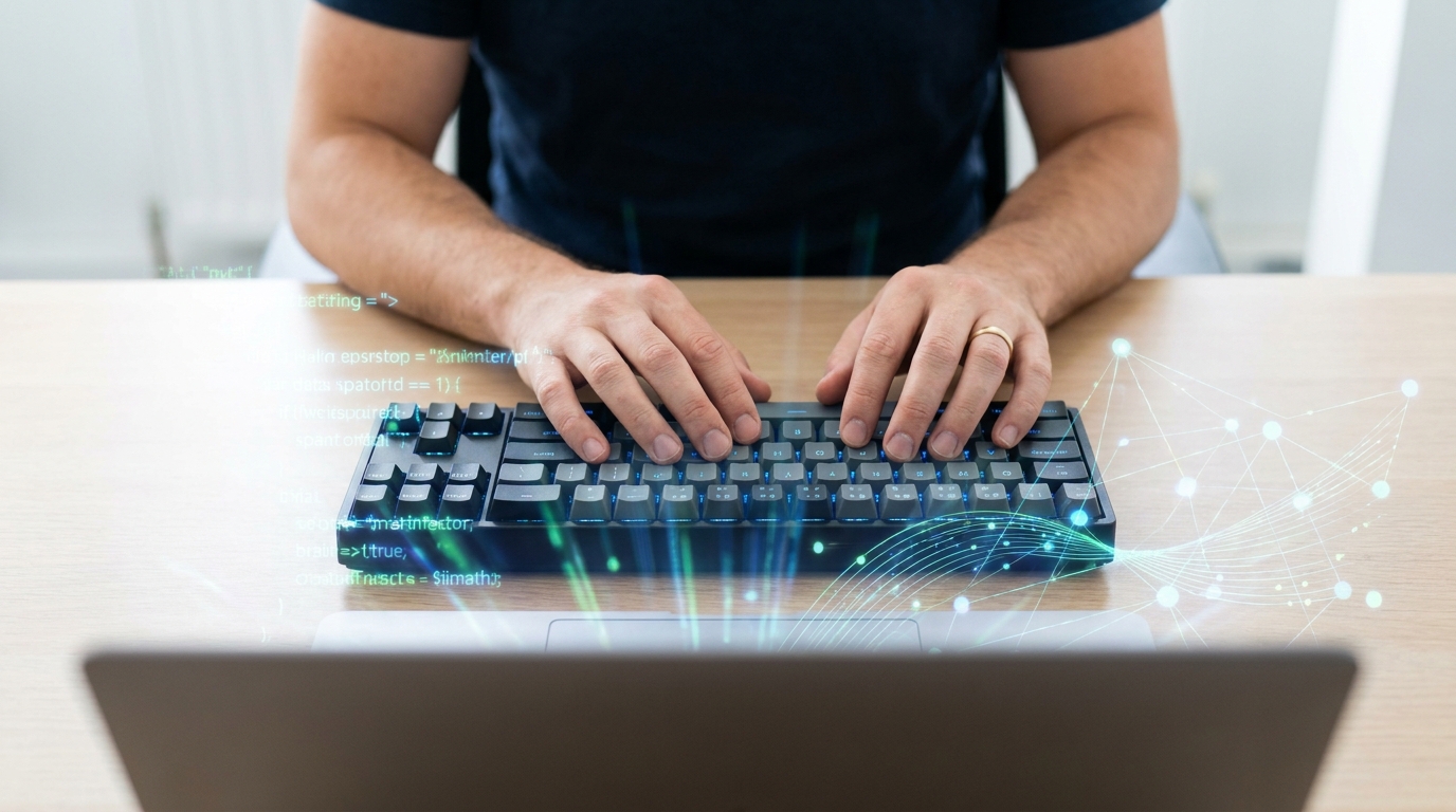 Developer's hands on a keyboard, surrounded by glowing lines of code and AI graphics, symbolizing enhanced productivity with AI coding agents.