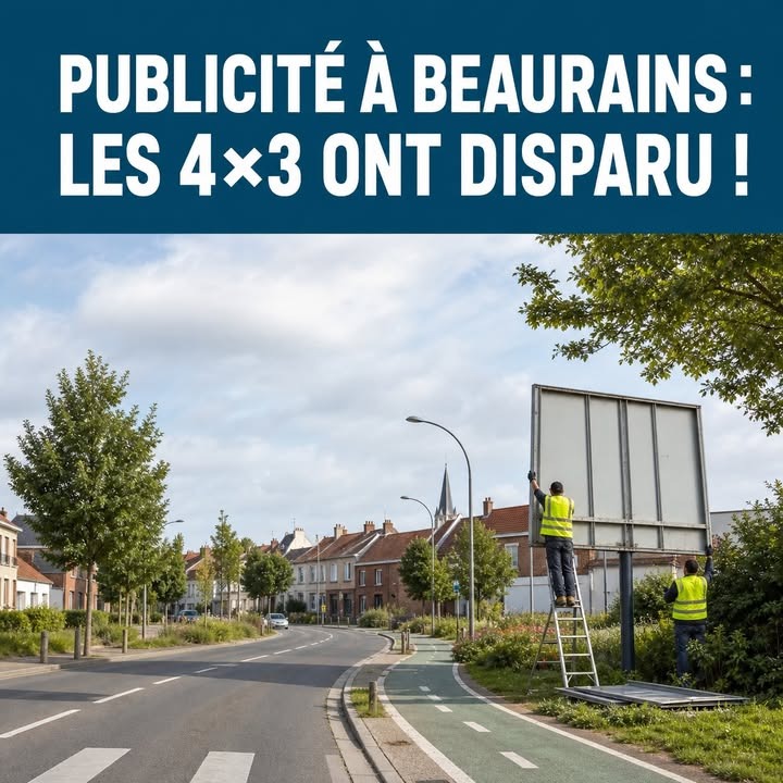 Deux ouvriers en gilets haute visibilité démontent un grand panneau publicitaire vide au bord d'une route résidentielle.