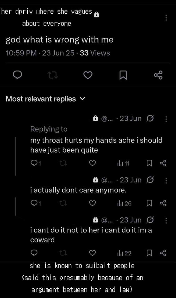 just one of a few examples of her suicide baiting. other examples you can find on the carrd provided above, which are much worse as she did so to minors