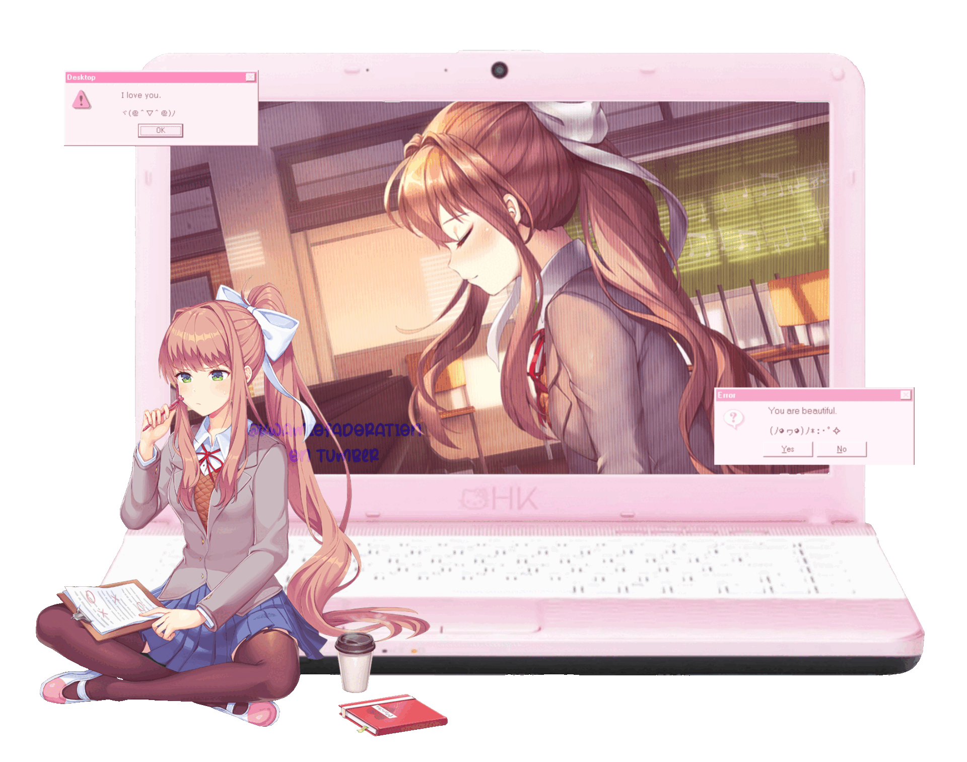 A graphic based on Monika, it switches to the cg from DDLC Plus side story "Respect", one is her playing the piano and the other is the same but has her closing her eyes. It is framed on a pink laptop with pop ups that say "I love you"' & "you are beautiful", with an official illustration of her aswell. It is watermarked with "KWAMIOFADORATION" on tumblr to prevent stealing."