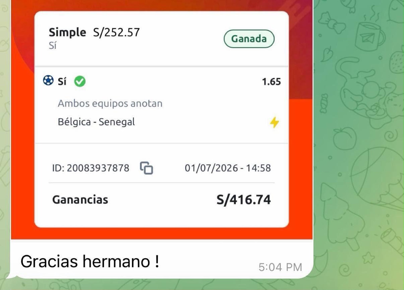 Testimonio: apuesta ganada Bélgica - Senegal, gracias hermano