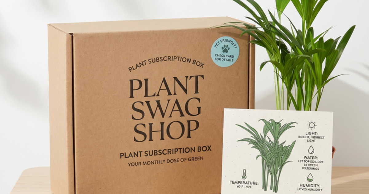 Kraft shipping box beside a live areca palm and an illustrated plant care card