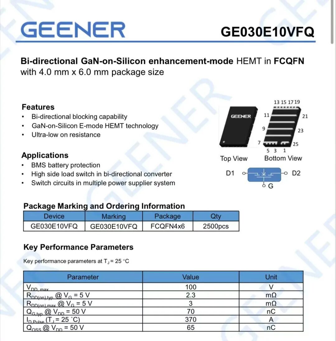 Bảng thông số kỹ thuật chi tiết Datasheet của chip GaN hai chiều Geener GE030E10VFQ