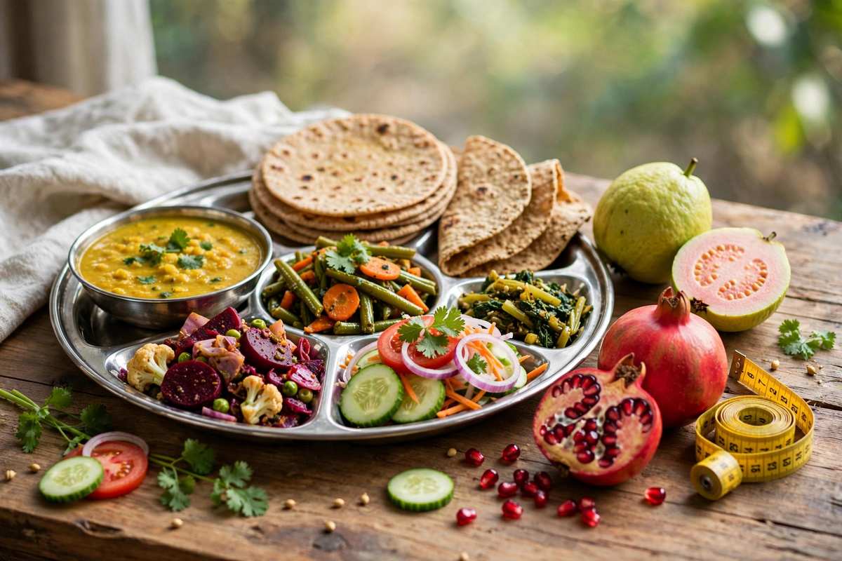 सेहतमंद भारतीय थाली — मौसमी सब्जियां, फल, दाल और सलाद