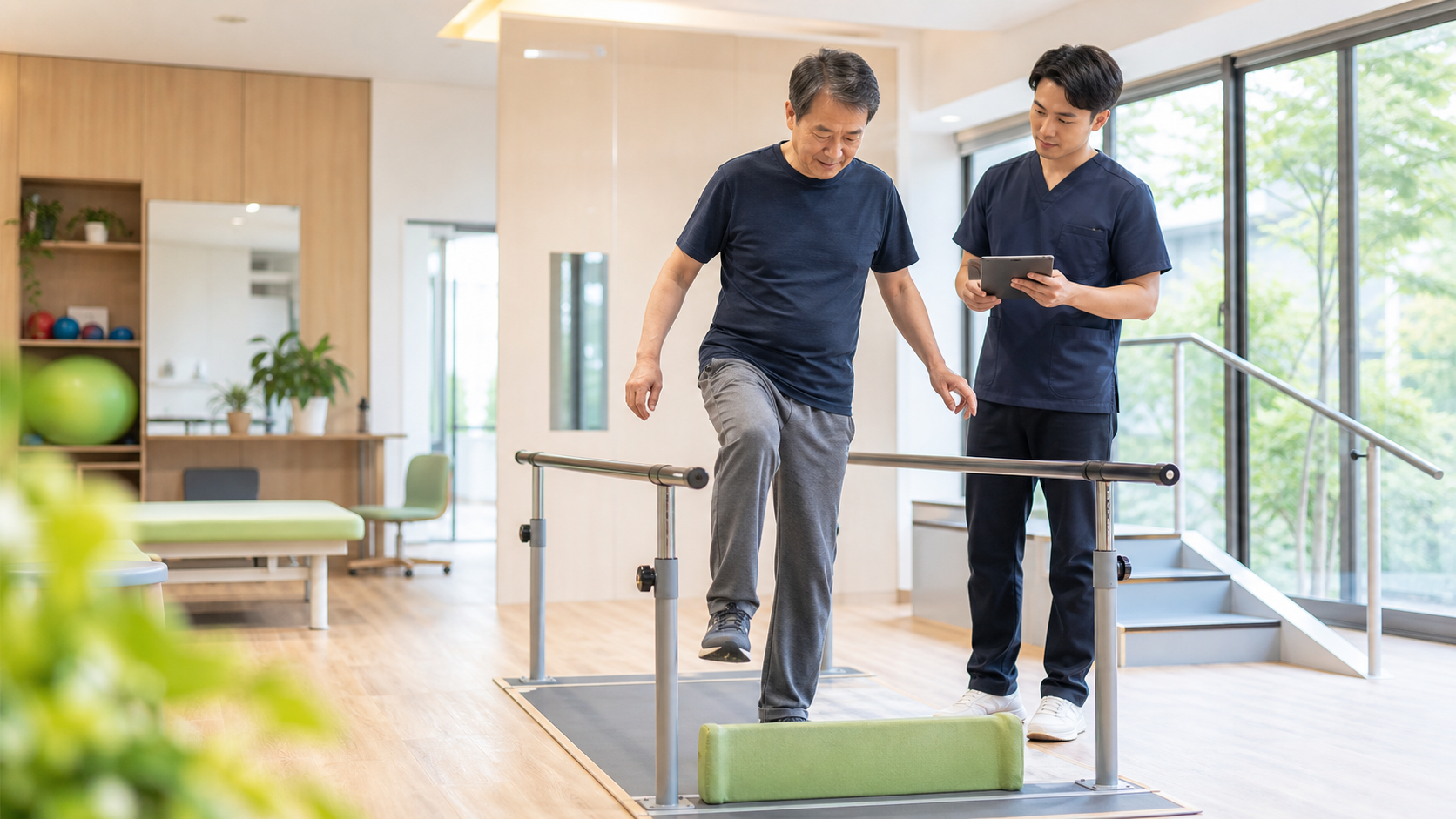 脳卒中後のバランスと転倒リスクを評価しているリハビリ場面