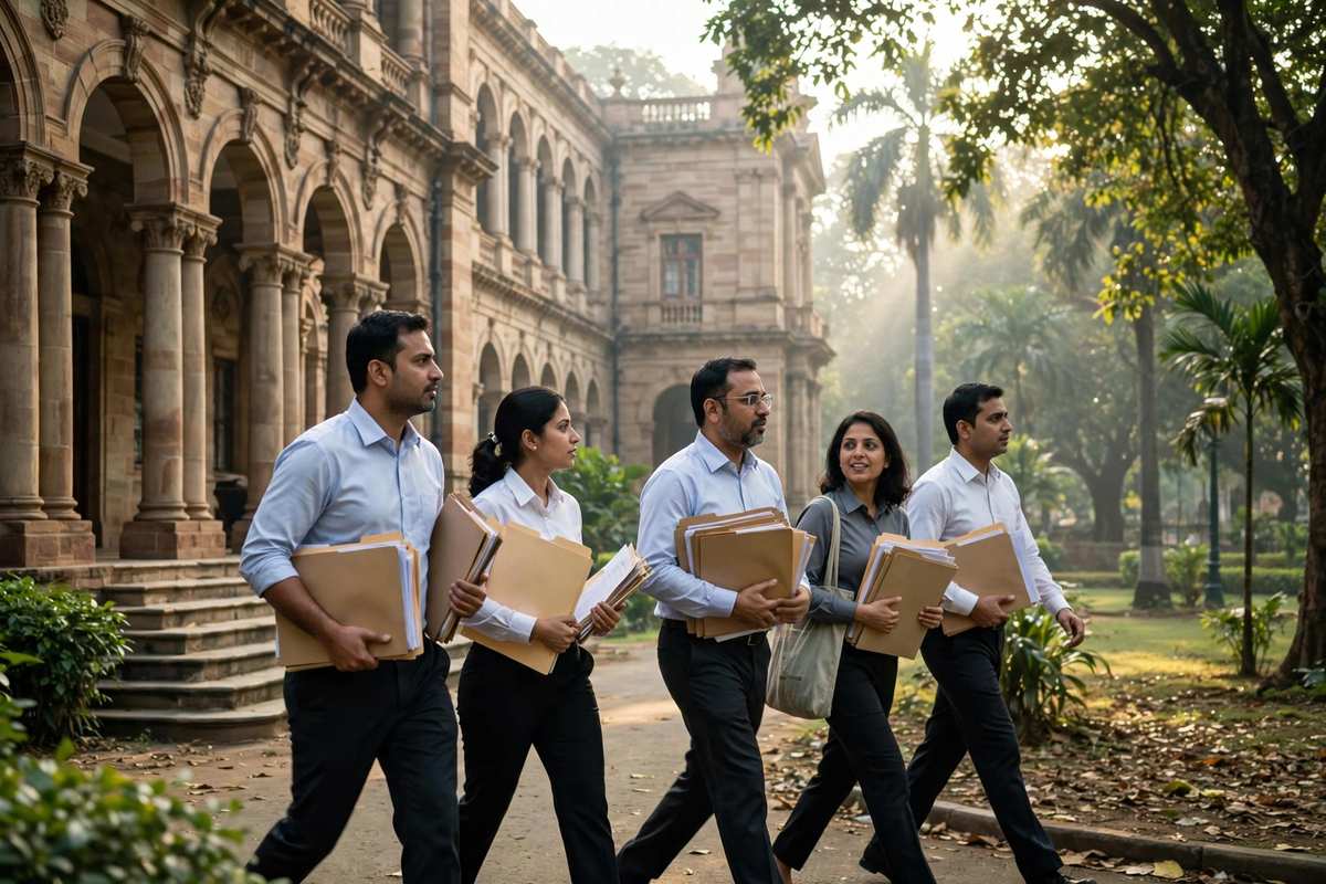 सरकारी कार्यालय भवन के बाहर फाइलें लेकर जाते केंद्रीय कर्मचारी