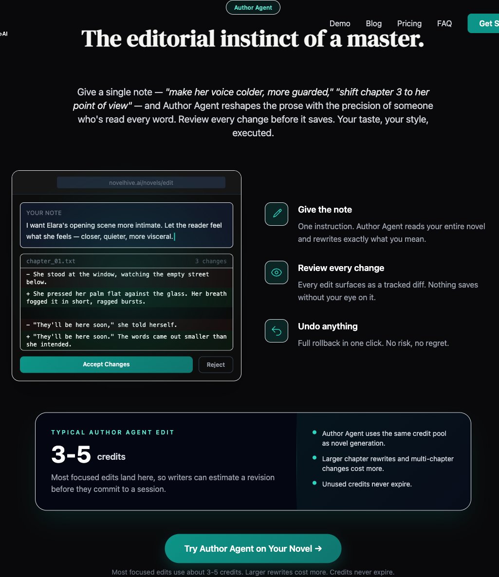 The Author Agent interface: give a note, review tracked diffs, accept or reject changes