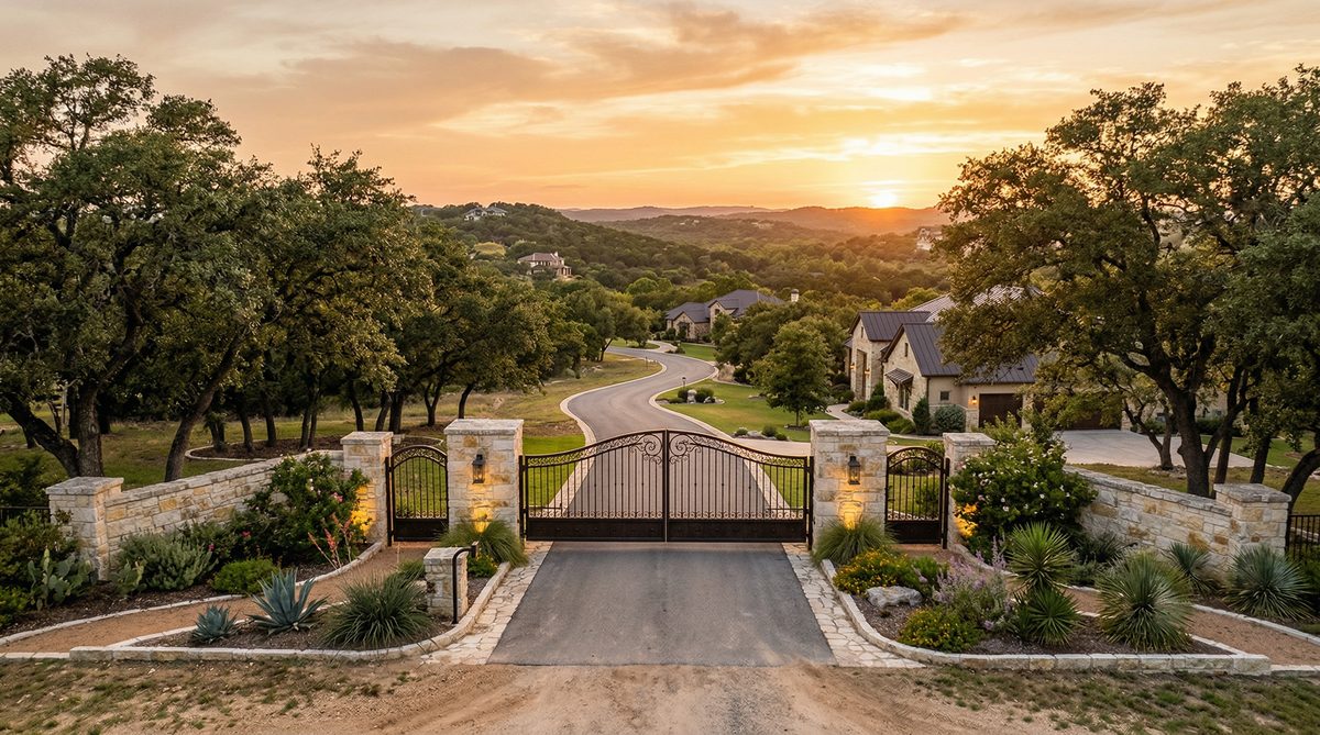 Helotes Texas Hill Country luxury gated community homes with panoramic views and native live oak trees at sunset