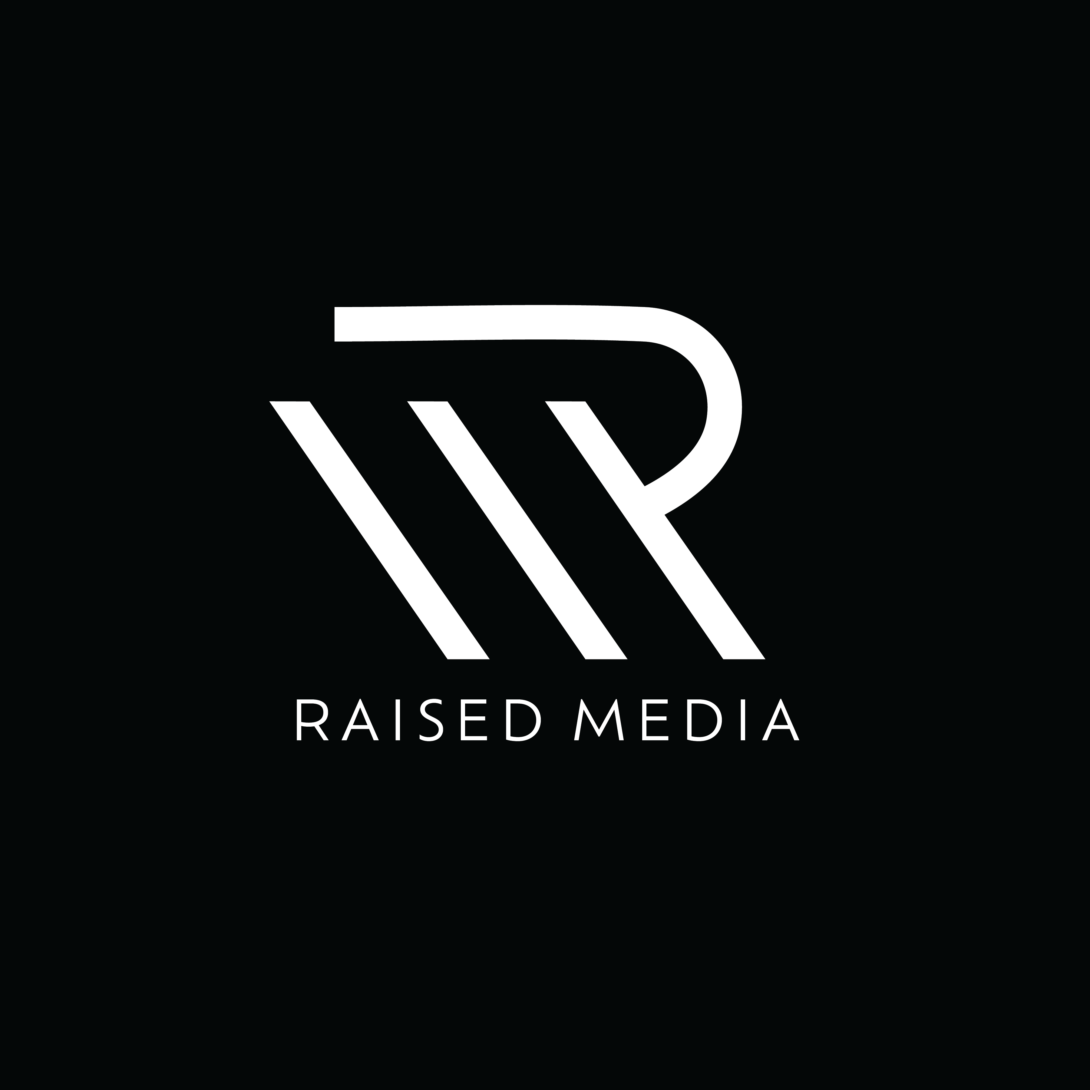 Raised Media stacked logo, white monogram and wordmark on ink