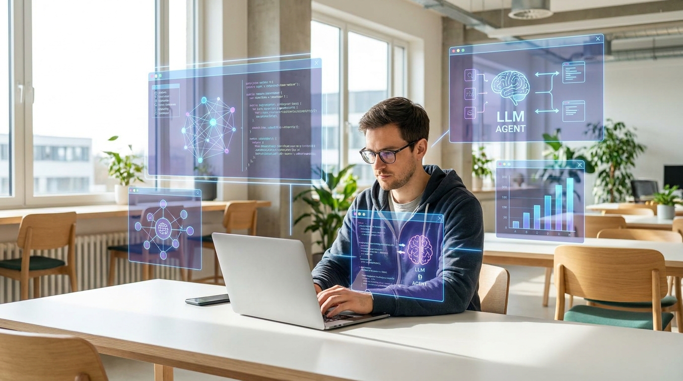 Developer efficiently building AI agents with synthetic data tools, showcasing the benefits of AutoSynthData.