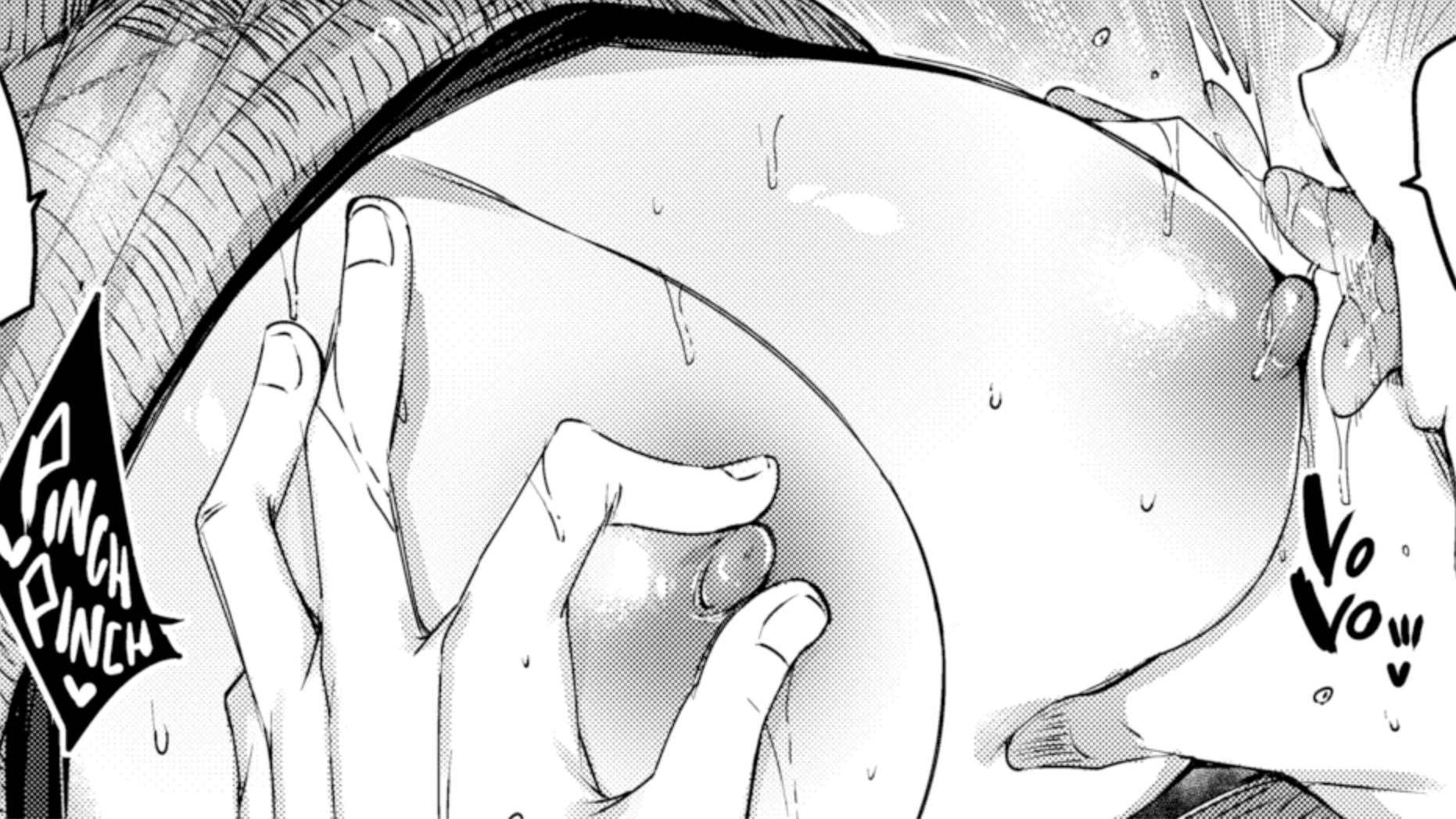 Mono Pinch pinch 1boy, 1girl, breast focus, breast grab, breast sucking,  close up, erect nipples, fingernails, hands, head out of frame, huge  breasts, large breasts, licking nipple, nipple tweaknipple pinch, sfx,  shiny