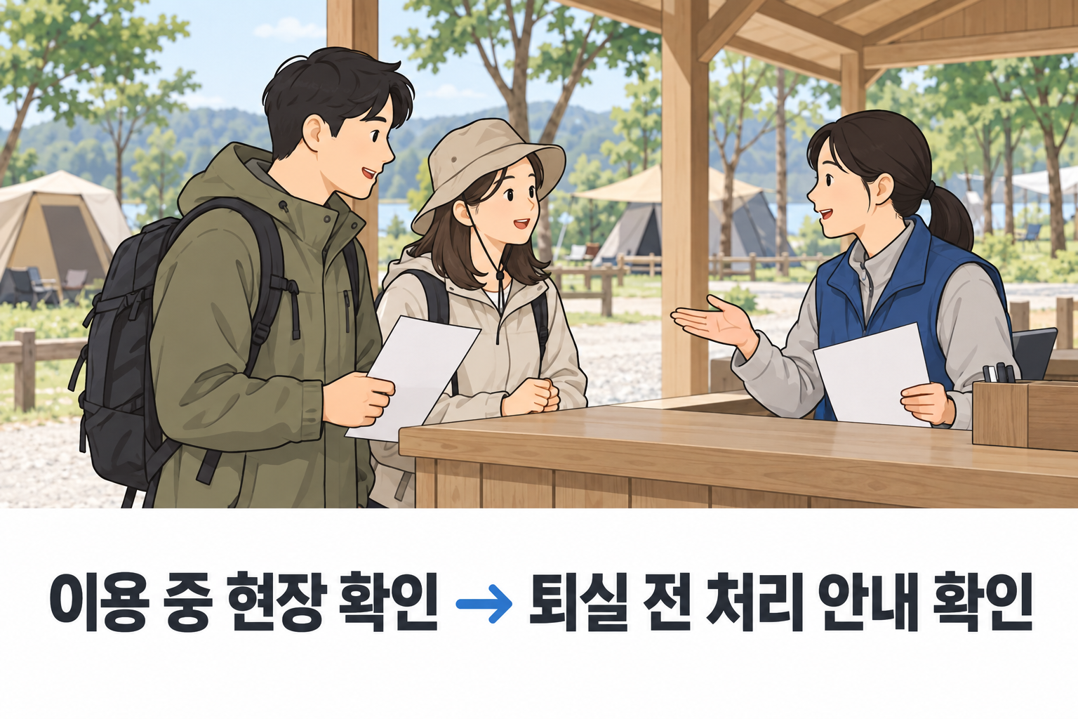 퇴실 전 현장 자격 확인과 감면 처리 안내를 확인하는 행동 장면