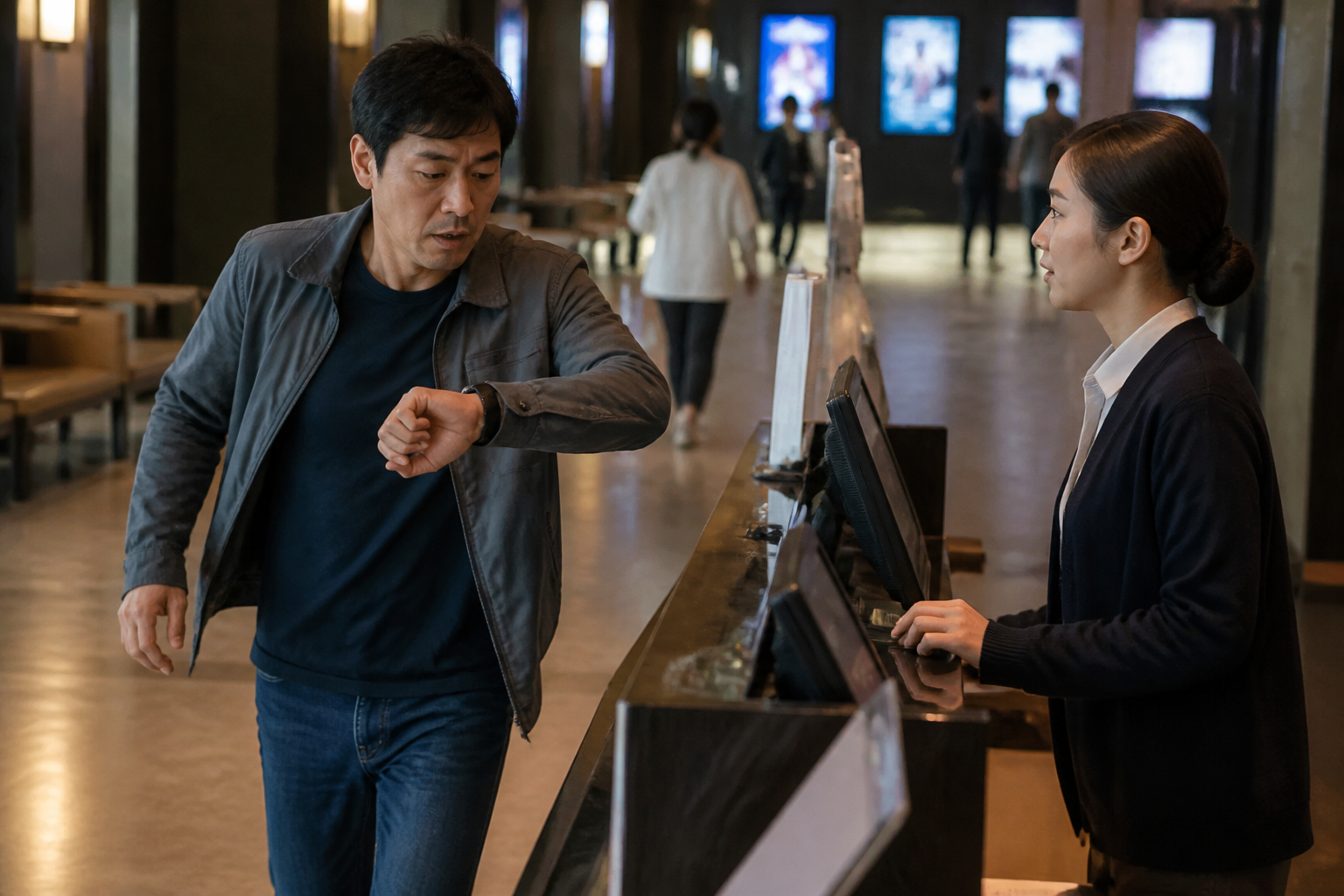 온라인 마감 뒤 상영 전에 예매 극장 안내 데스크로 이동하는 관객