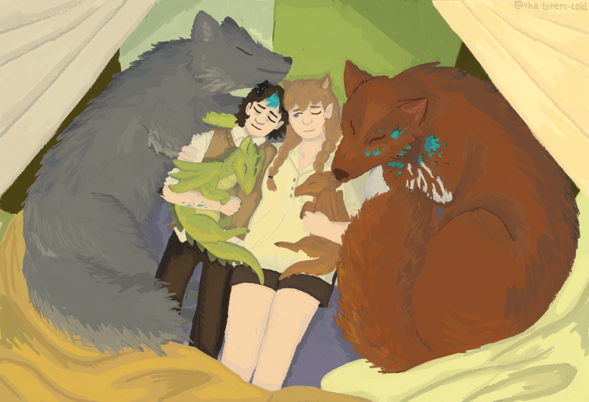 Legundo and Juniper lay in bed, surrounded by Deke and Ori and holding their dragons