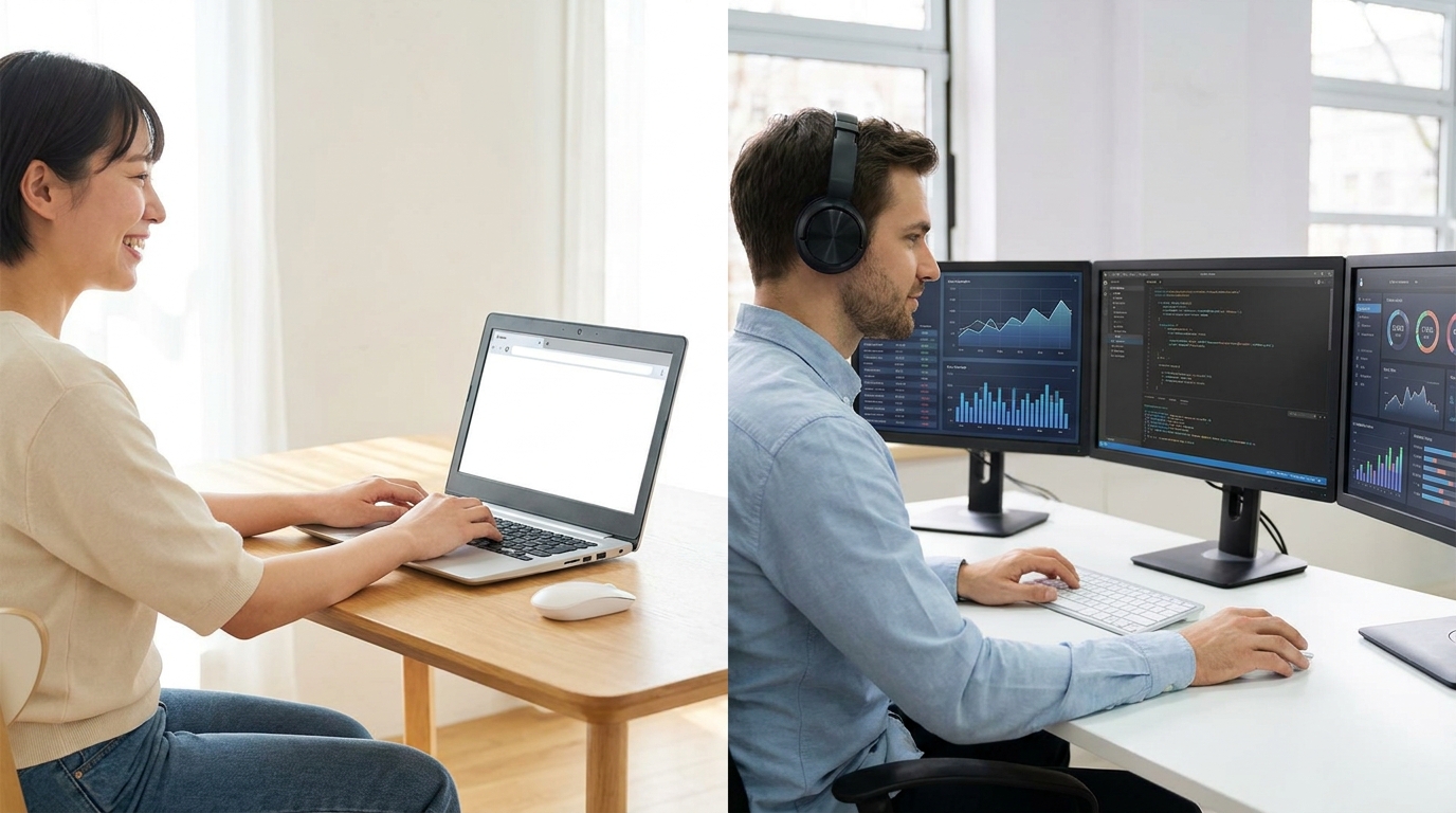 A person using a simple laptop for basic tasks next to another person using a high-tech workstation for complex AI development, illustrating the range of ChatGPT users.