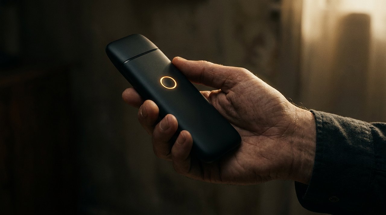 A hand holding a sleek screenless matte-black AI device with a soft glowing light ring