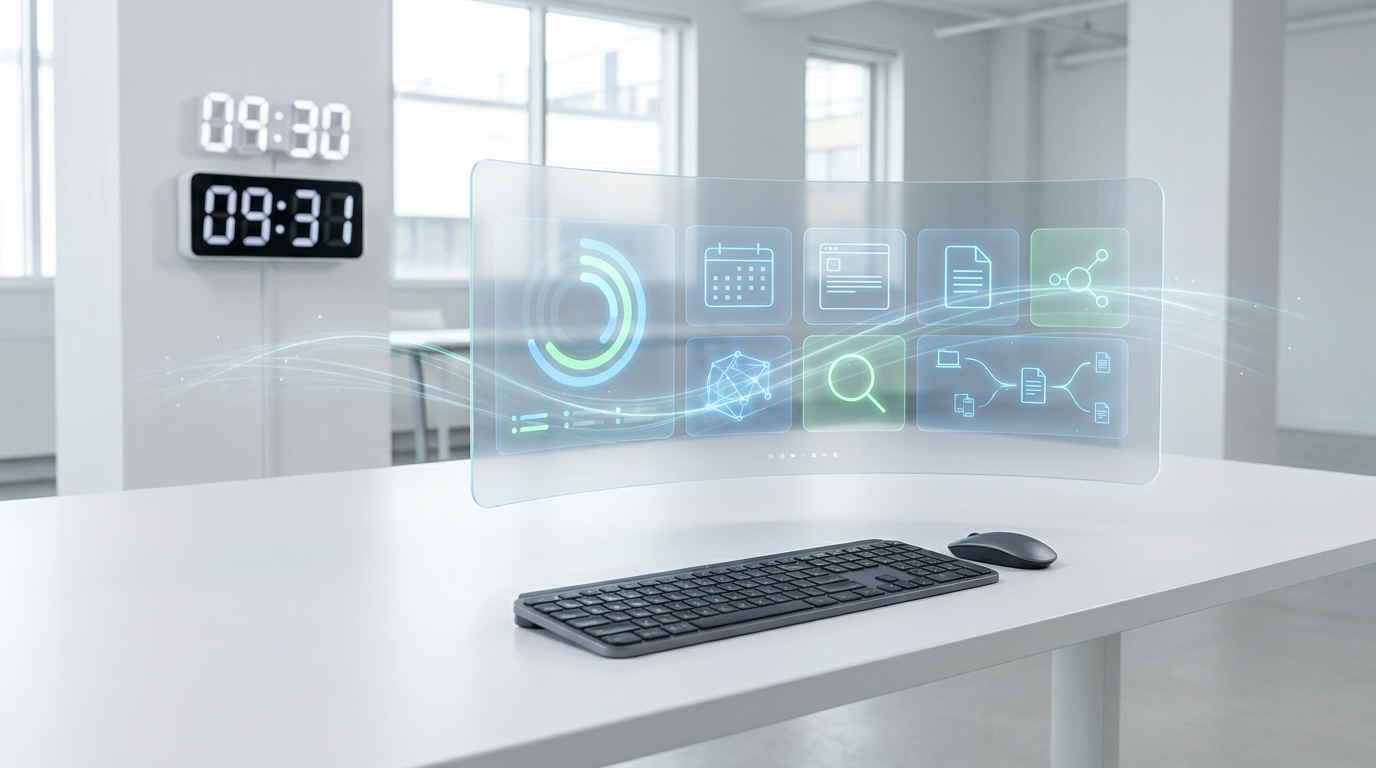Holographic display showing AI productivity tools on a futuristic desk, symbolizing significant time savings.