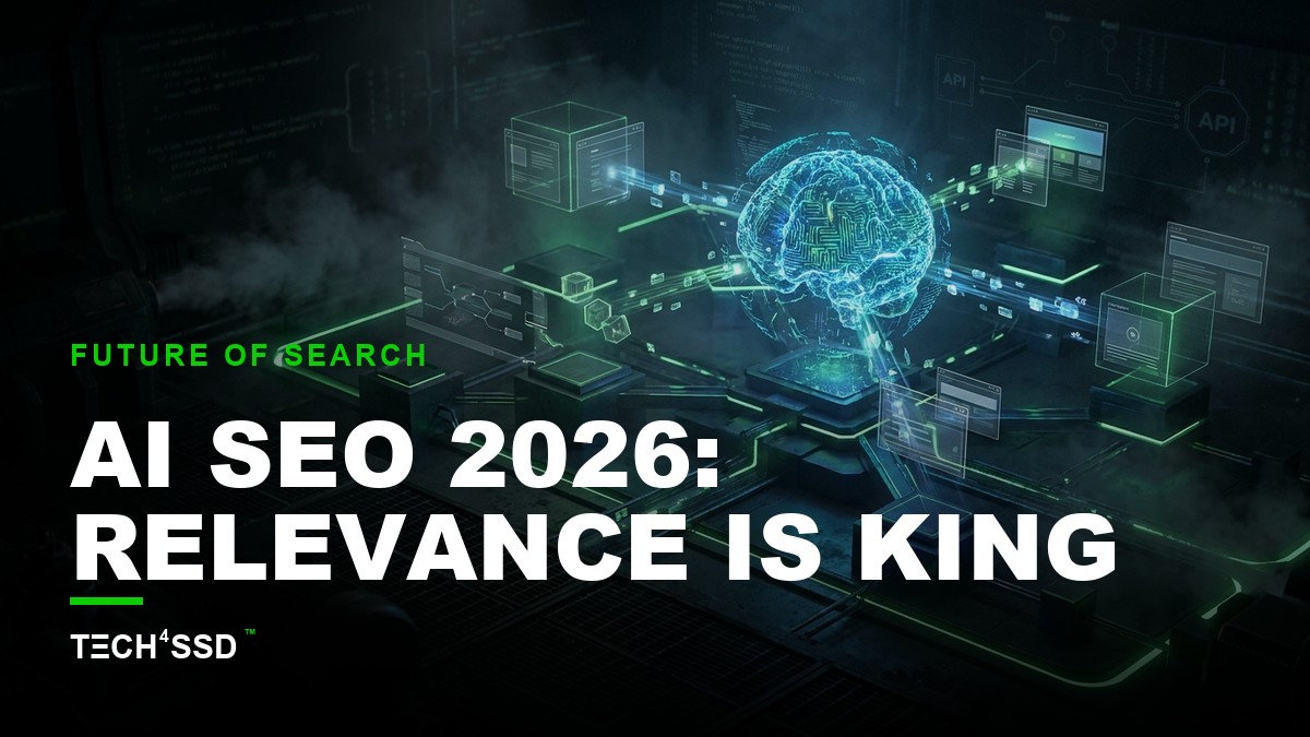 Futuristic digital landscape with interconnected AI platforms and data streams representing AI SEO in 2026