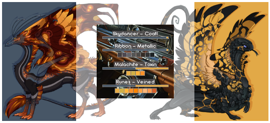 A black/orange Skydancer is on the left, with a black/yellow Coatl on the right, encased in grey and yellow boxes respectively. In the middle are text and colours overlayed over an antique car dashboard; this text follows in plaintext after the lyrics below this image.