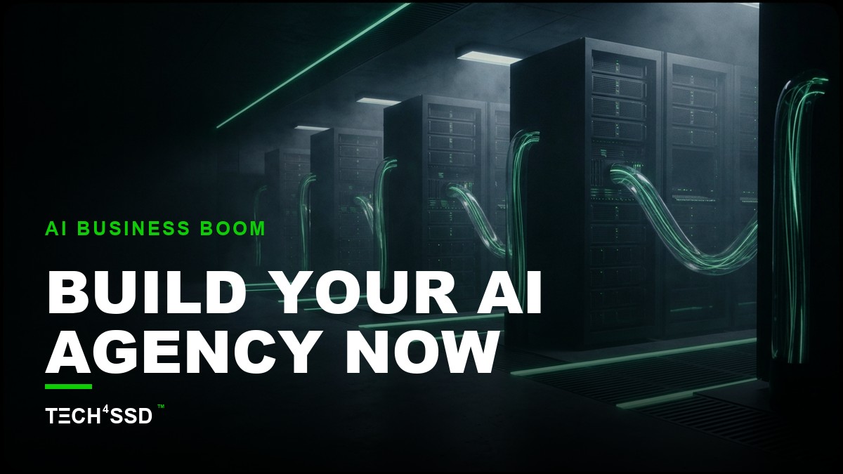 Stylized network of glowing nodes representing AI agents, with a person on a laptop, surrounded by communication icons, against a global infrastructure backdrop, symbolizing an AI Agency.