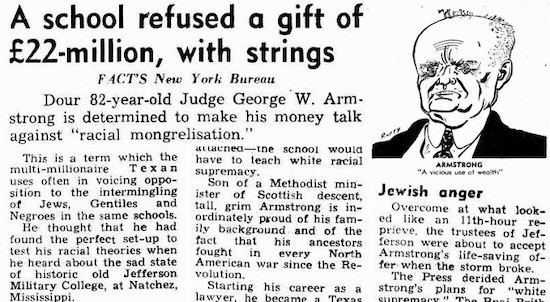 news article about the Jefferson Military College refusing a monetary gift from Judge Armstrong