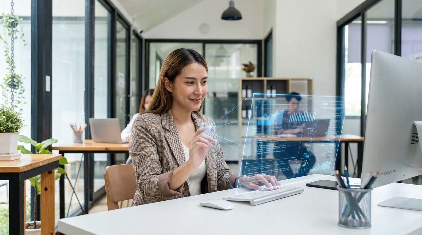 Employee confidently interacting with an AI-powered holographic display, showcasing expanded AI workflows.