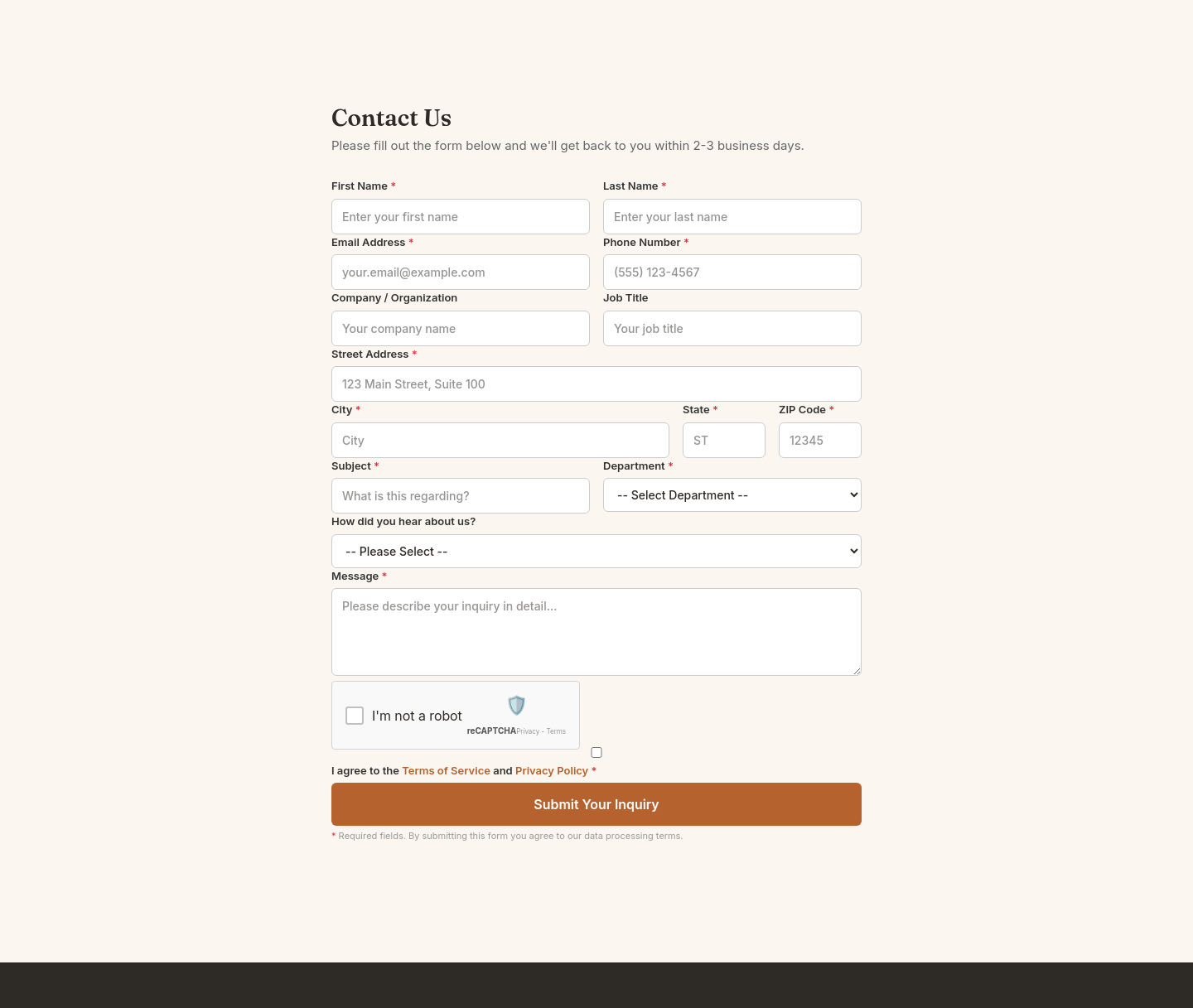 Contact form with 14 fields including address, company, department dropdown