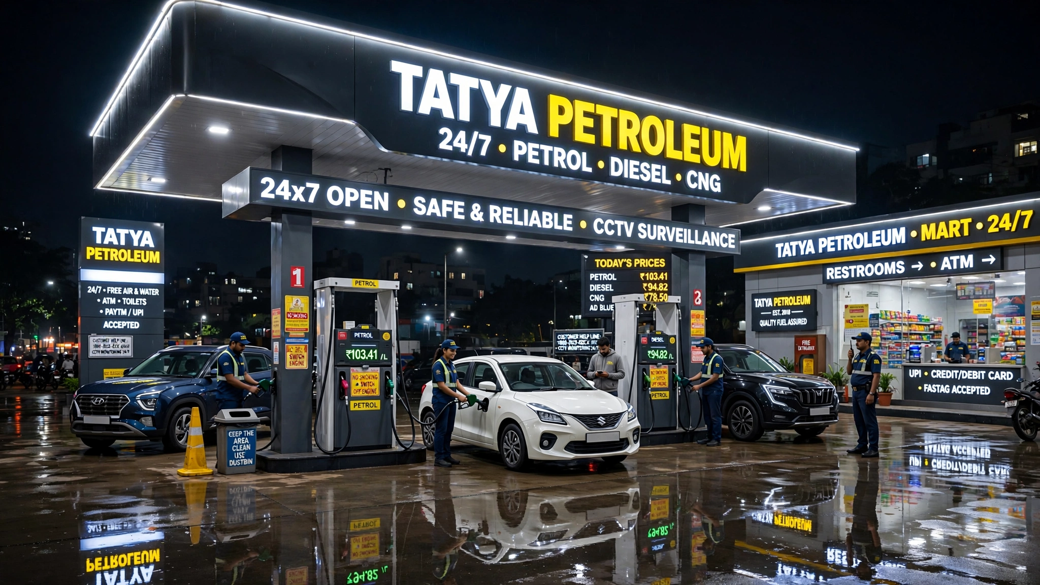 Illuminated night forecourt of Tatya Petroleum Ahmedpur fuel station