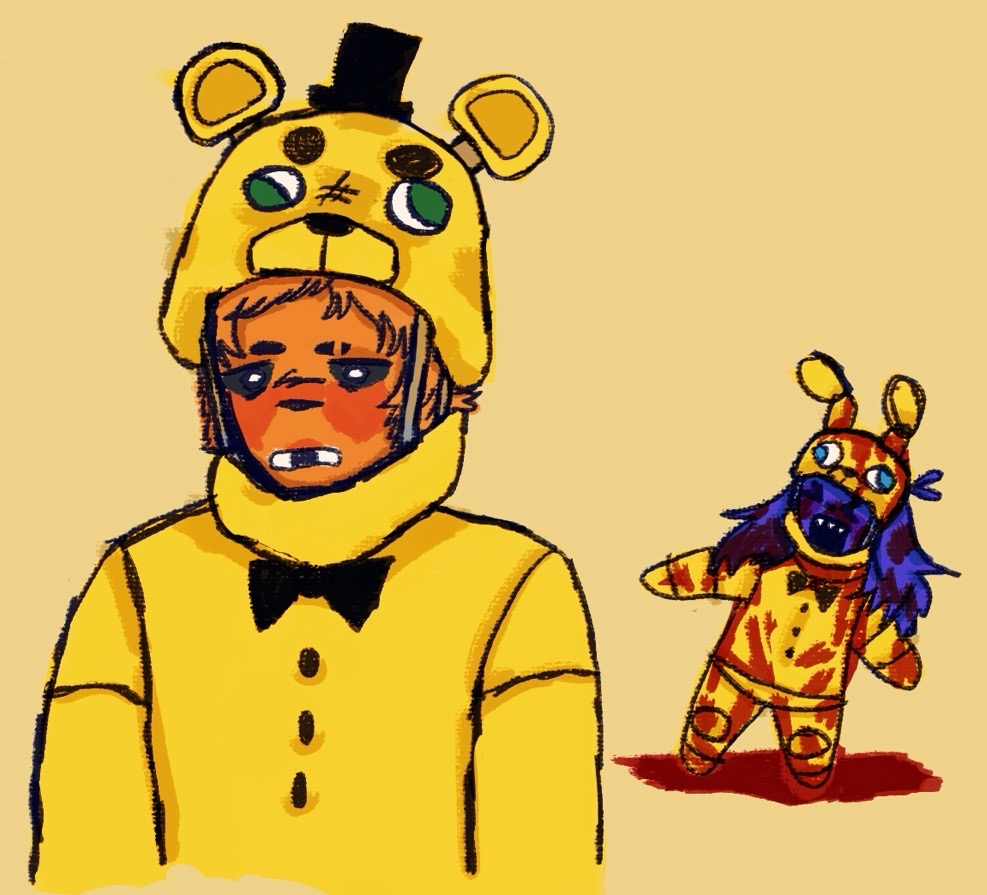 jack from dsaf standing in the foreground, in a yellow bear springlock suit. in the background, a chibi dave is bleeding out in a yellow rabbit springlock suit as the suit fails.