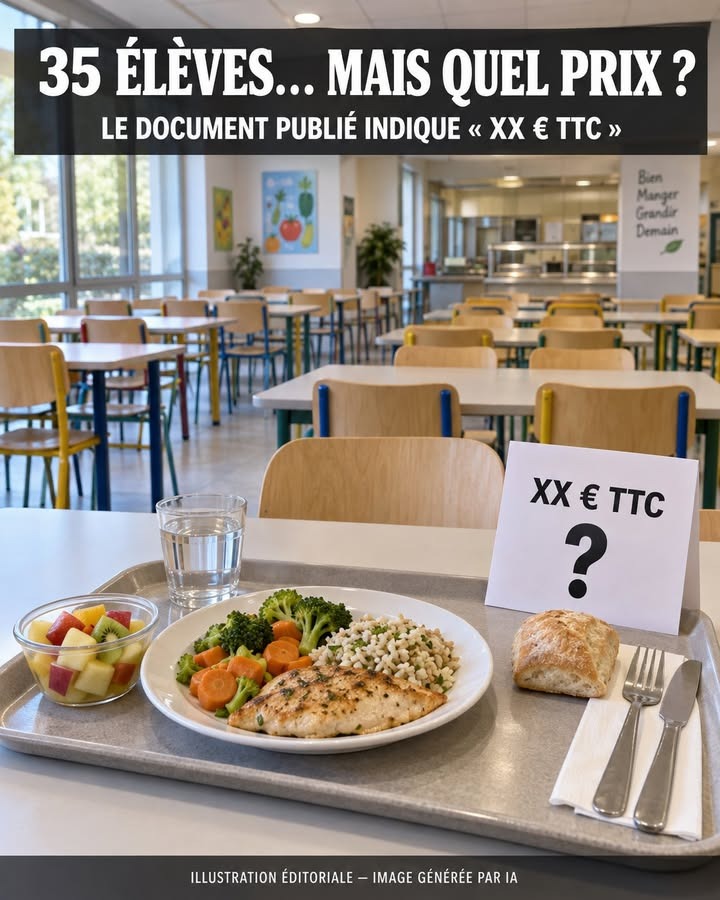 Une assiette de poisson grillé, légumes et riz sur un plateau, avec une salade de fruits, du pain, un verre d'eau et une carte affichant un prix en euros.