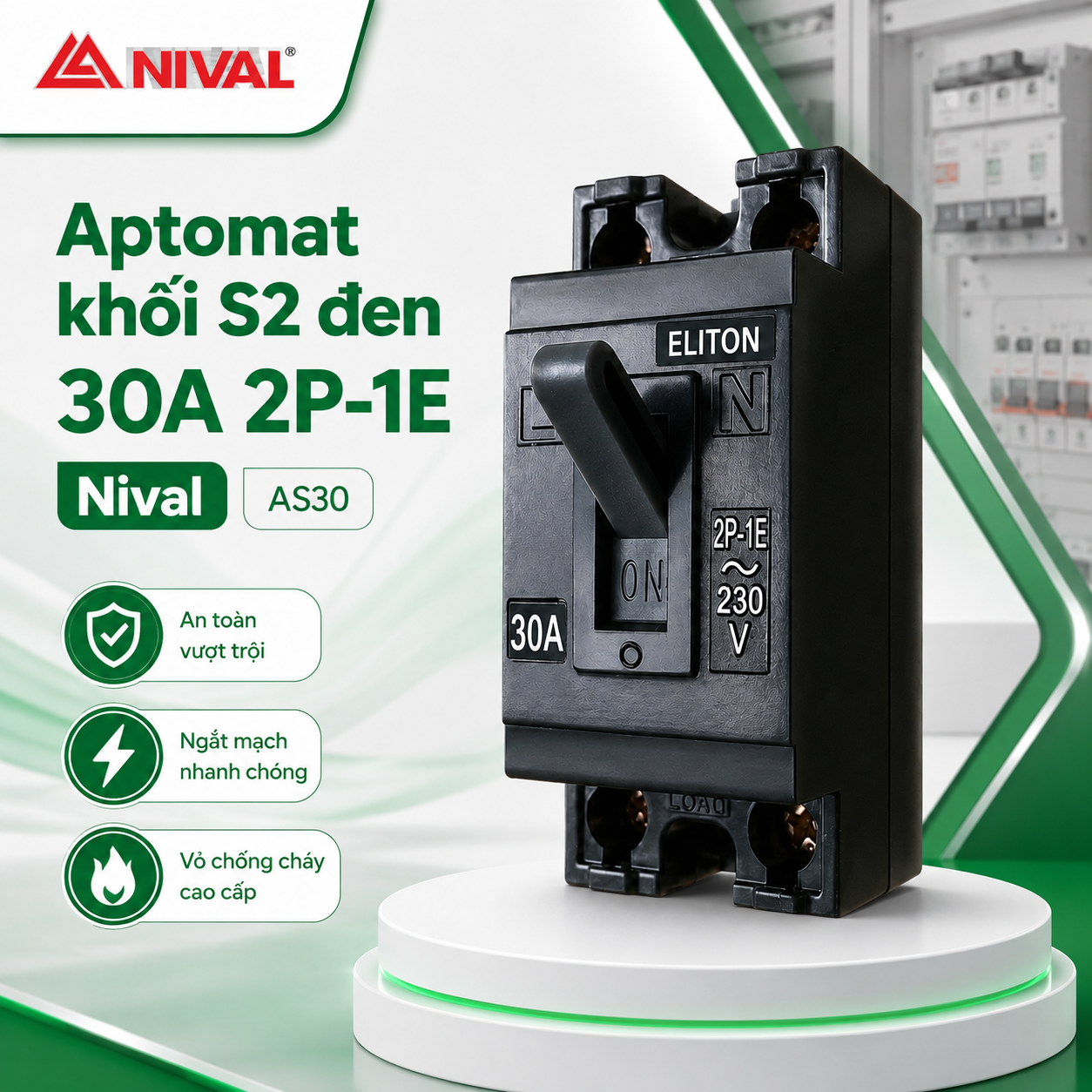 Aptomat khối S2 đen 30A 2P-1E Nival