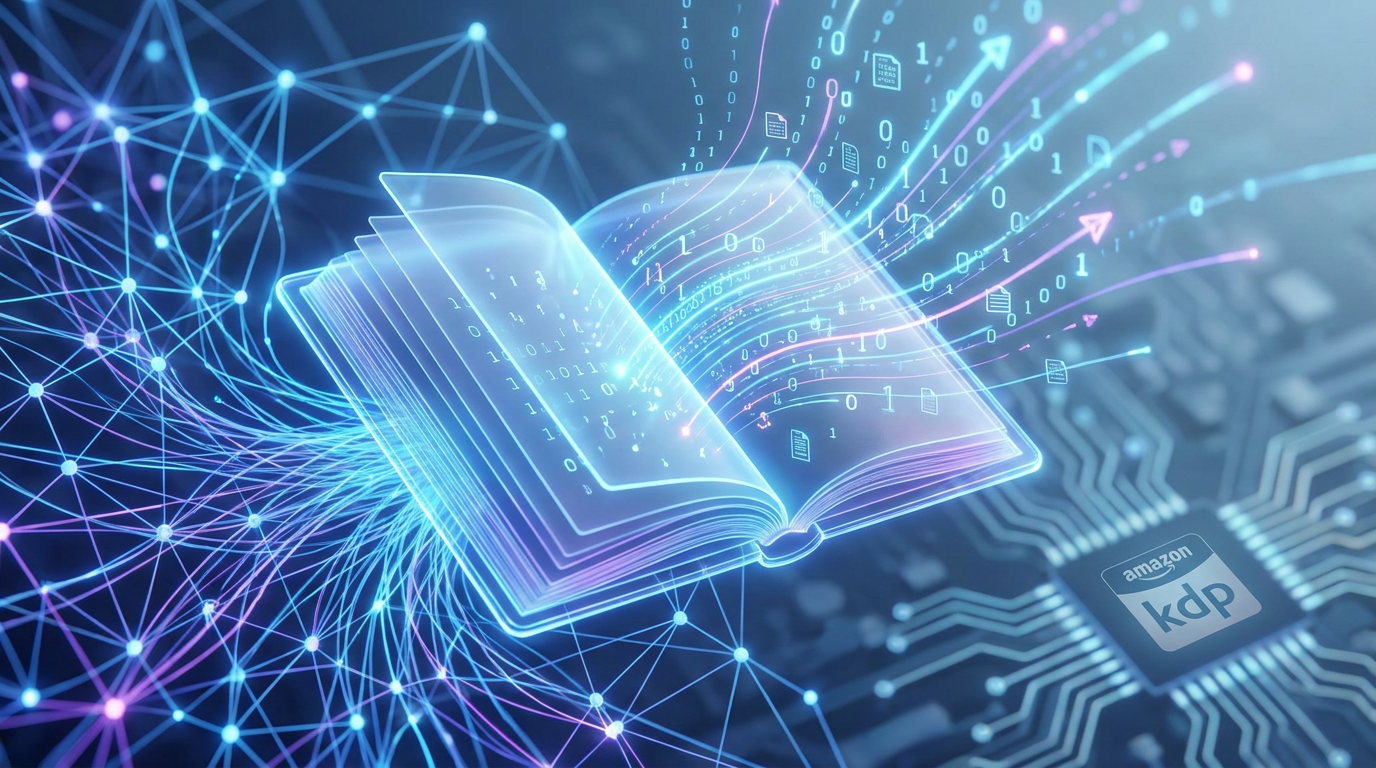 AI-generated ebook cover with neural network background representing AI ebook generators.