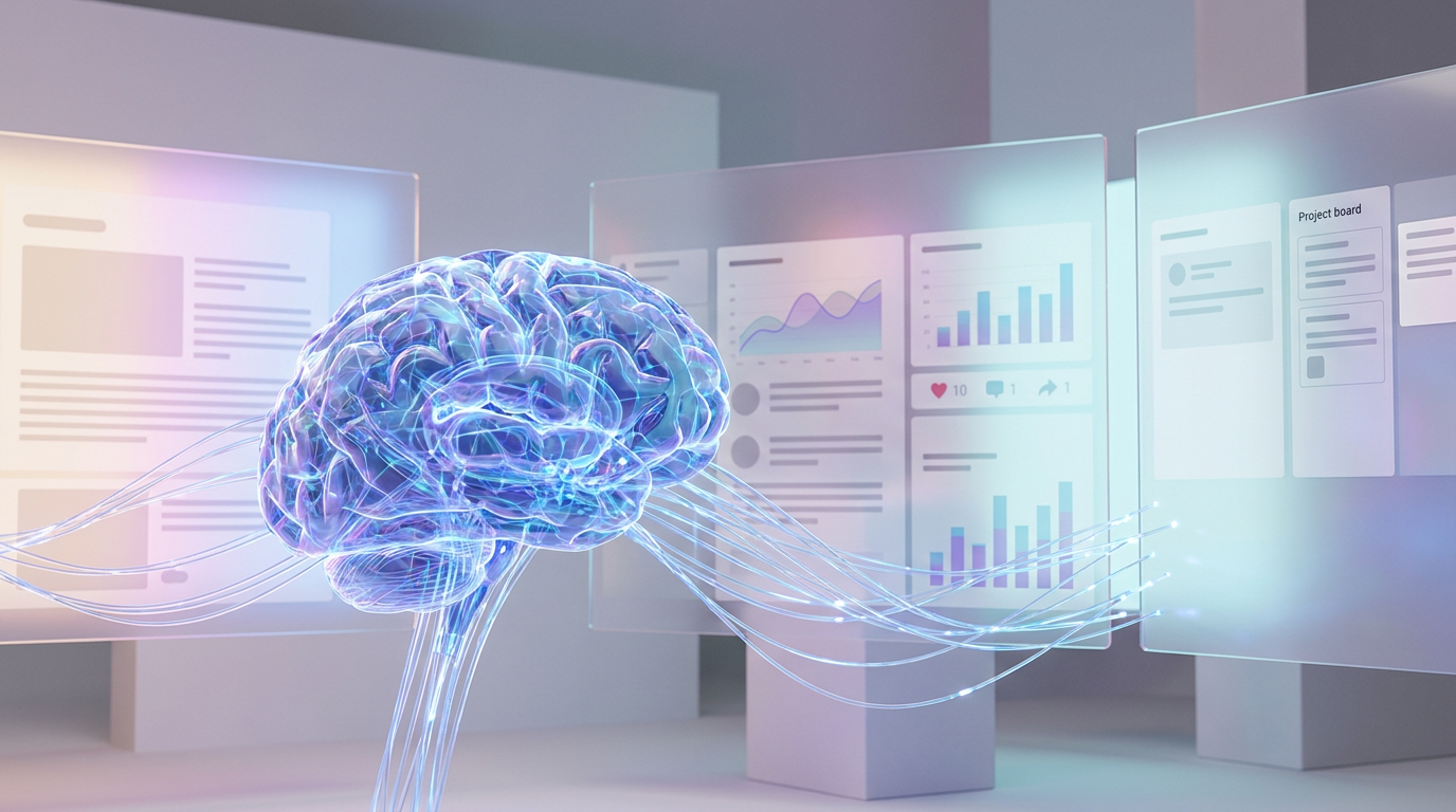 AI system analyzing data to generate strategic content ideas and outlines for a content calendar.