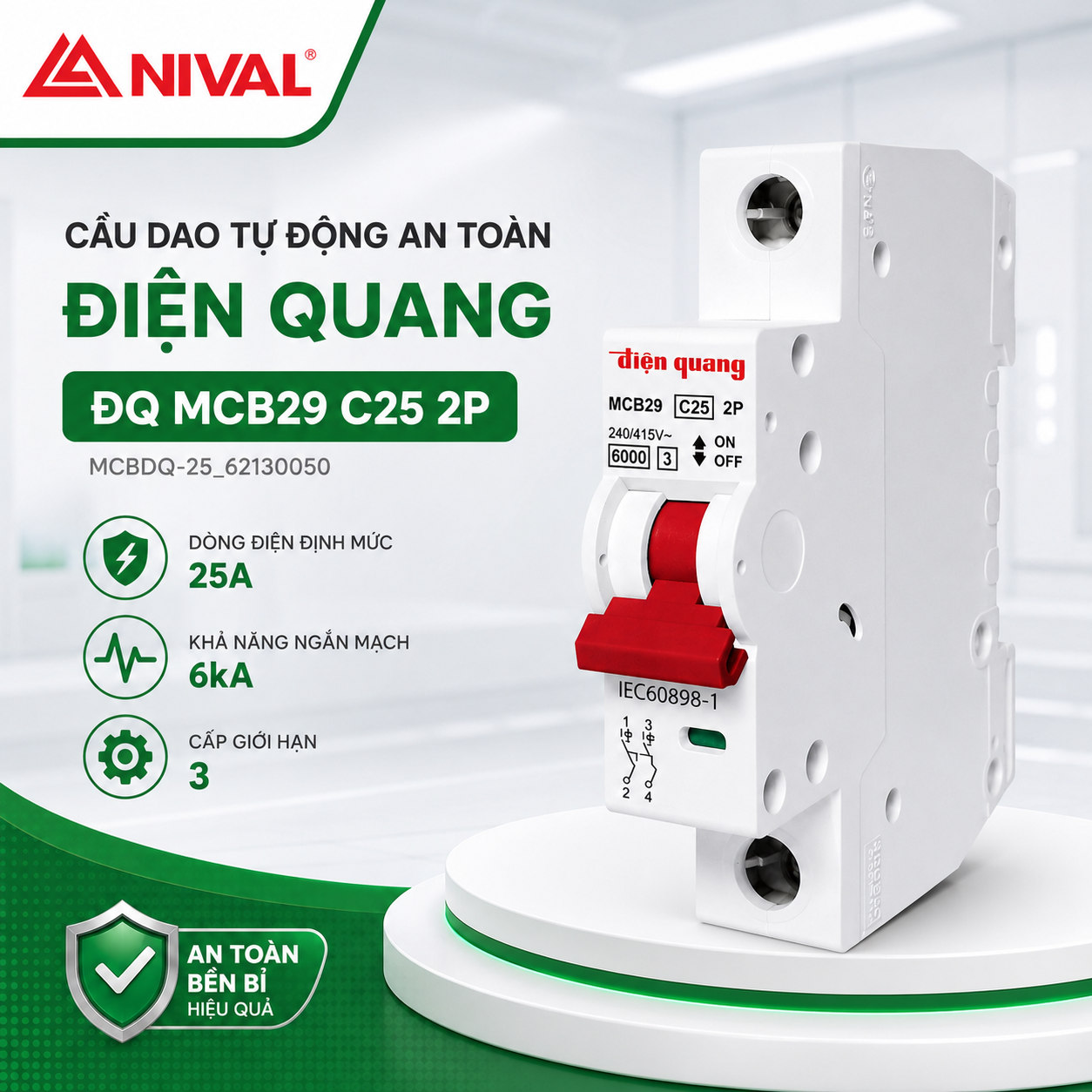 Cầu dao tự động an toàn Điện Quang ĐQ MCB29 C25 2P (MCB, 2 cực, 25A, loại C, 6KA, class 3)