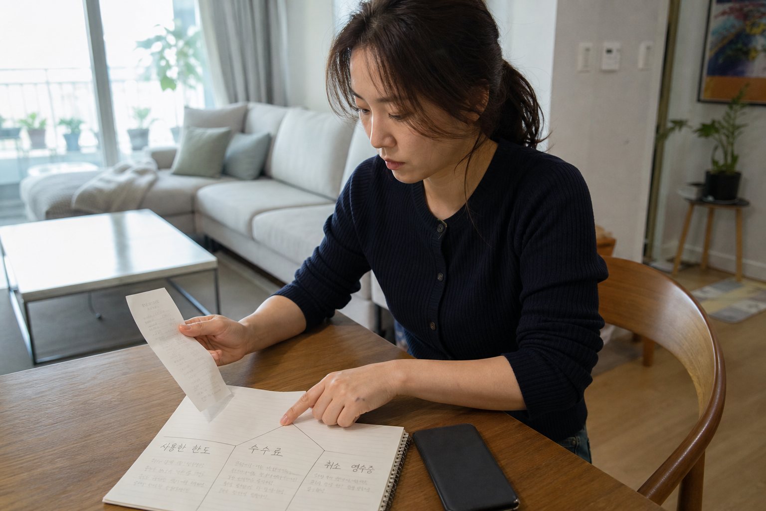 할부 취소 뒤 취소전표와 원승인 한도, 기청구금, 수수료를 나눠 확인하는 장면