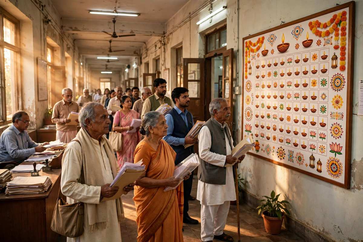 सरकारी कार्यालय के गलियारे में दस्तावेज लेकर कतार में खड़े कर्मचारी और पेंशनभोगी