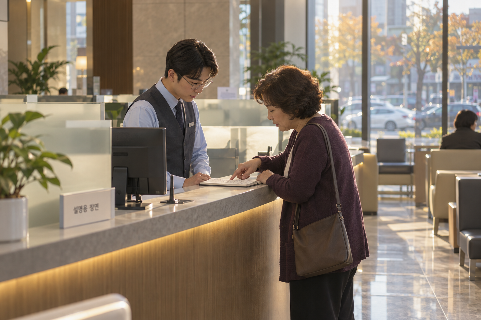 해지 전에 세금·수수료·예상 지급액을 질문하는 설명용 은행 상담 장면