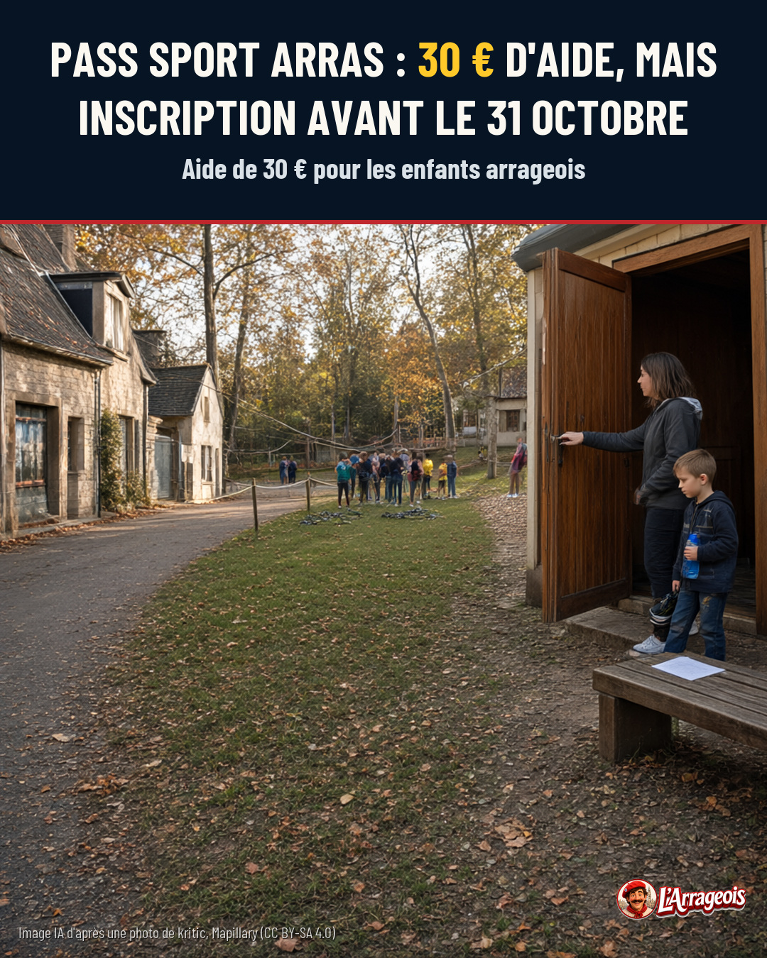 Une femme ouvre une porte de bois tandis qu'un garçon tient une gourde, devant des bâtiments ruraux et une file d'enfants.