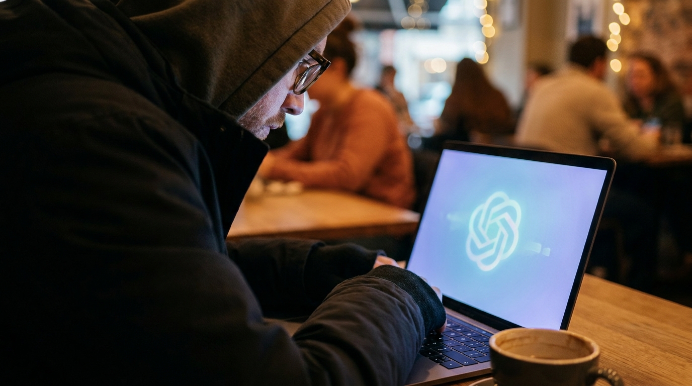 Person using a no-sign-up free AI chatbot on a laptop in a cafe, emphasizing privacy and convenience