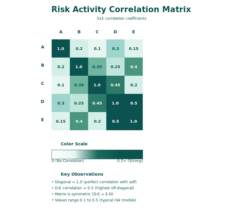 Correlation matrix showing coefficient values between risk model variables for Monte Carlo simulation