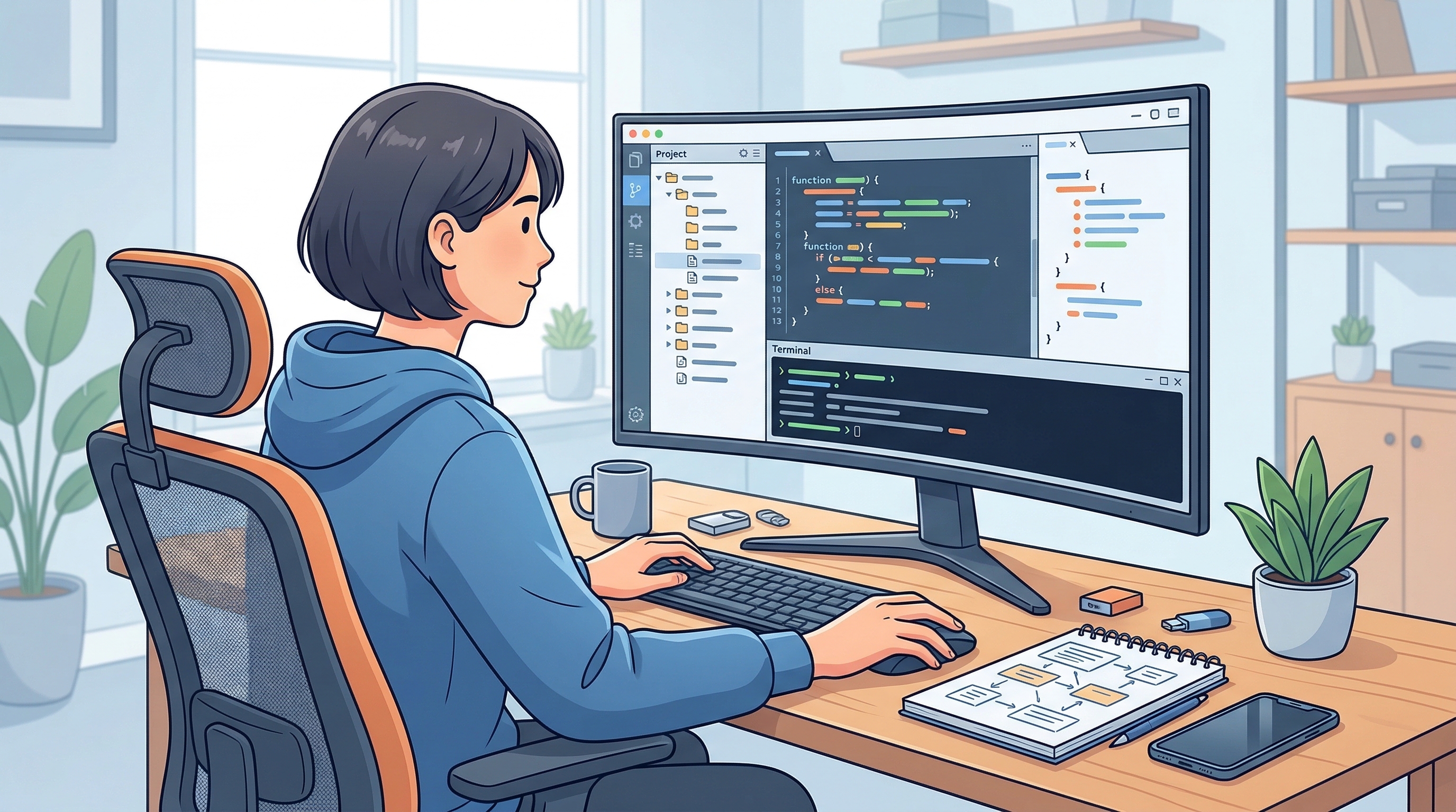 程序员阅读代码、理解项目并整理脚本的场景插图