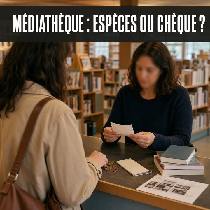 Deux femmes au comptoir d'une médiathèque, l'une dépose des pièces de monnaie et un carnet, l'autre tient un reçu, des livres et des photos posés sur le plan de travail.