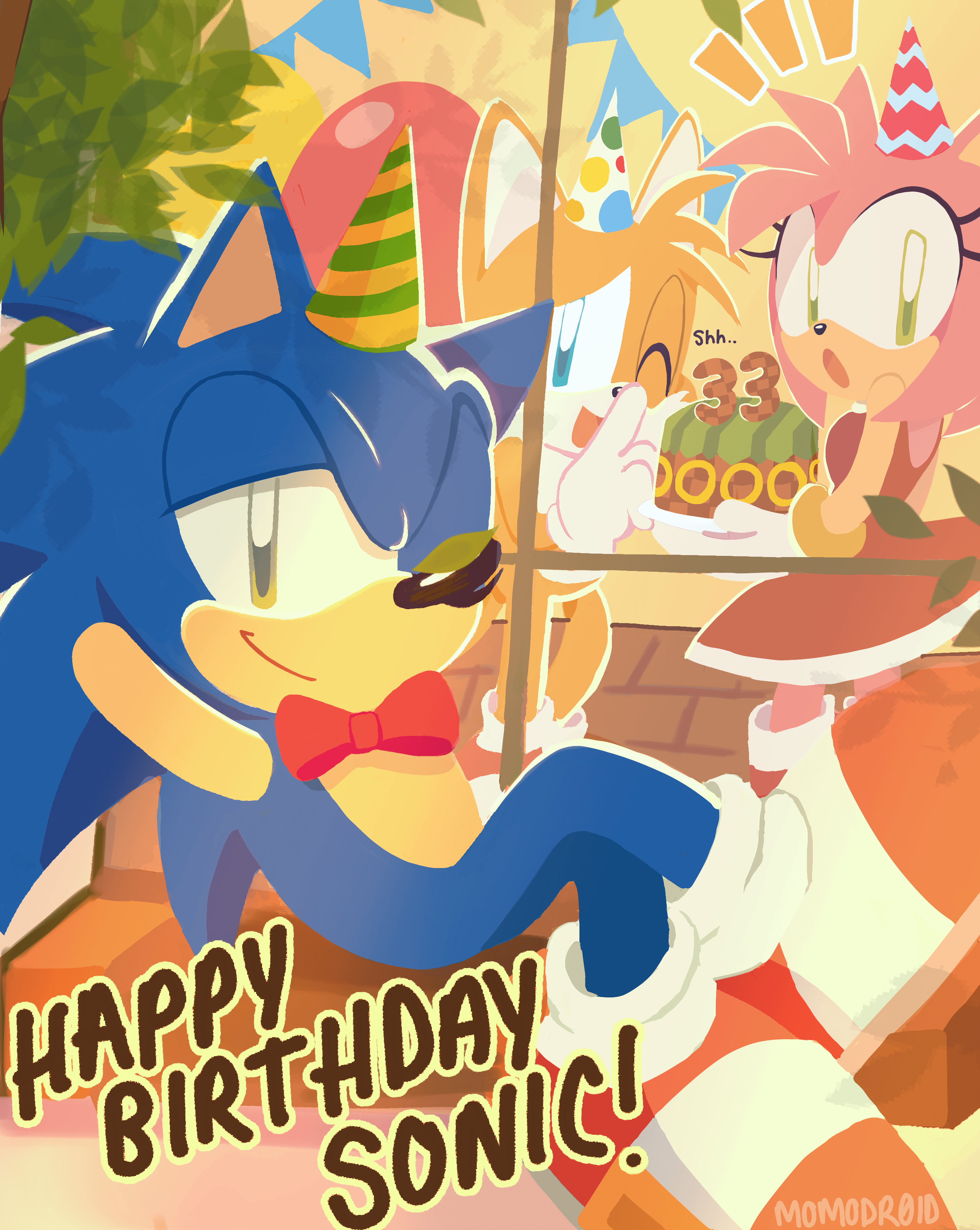 Happy Birthday Sonic 2024!, Sonic is resting comfortably outside while Tails and Amy try to surprise him with a birthday cake