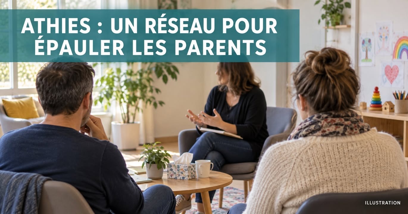 Trois personnes assises en cercle dans un salon lumineux, discutant autour d'une table basse avec des plantes et des jouets.