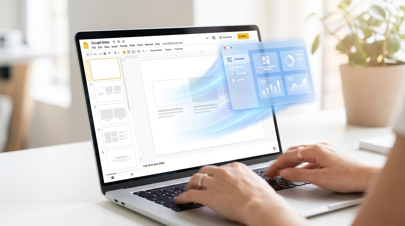 Laptop screen showing Google Slides with an integrated AI presentation maker add-on creating slides from text.