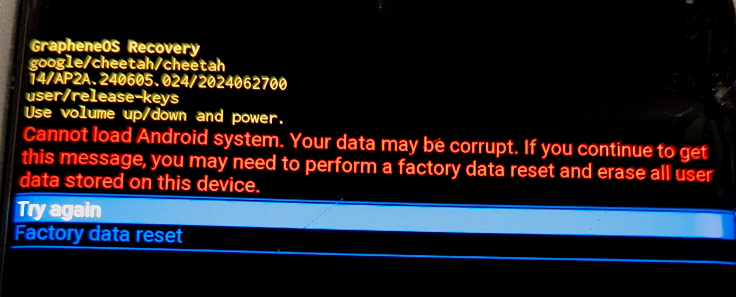 Cannot load Android system. Your data may be corrupt. (...)