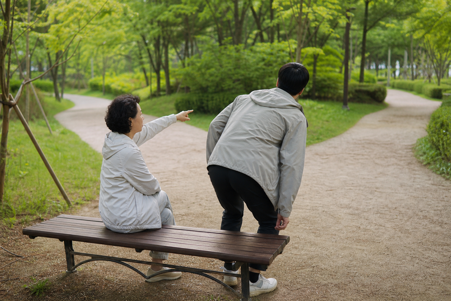 공통 부모와 성인 형제자매의 연결 관계를 보여주는 야외 장면