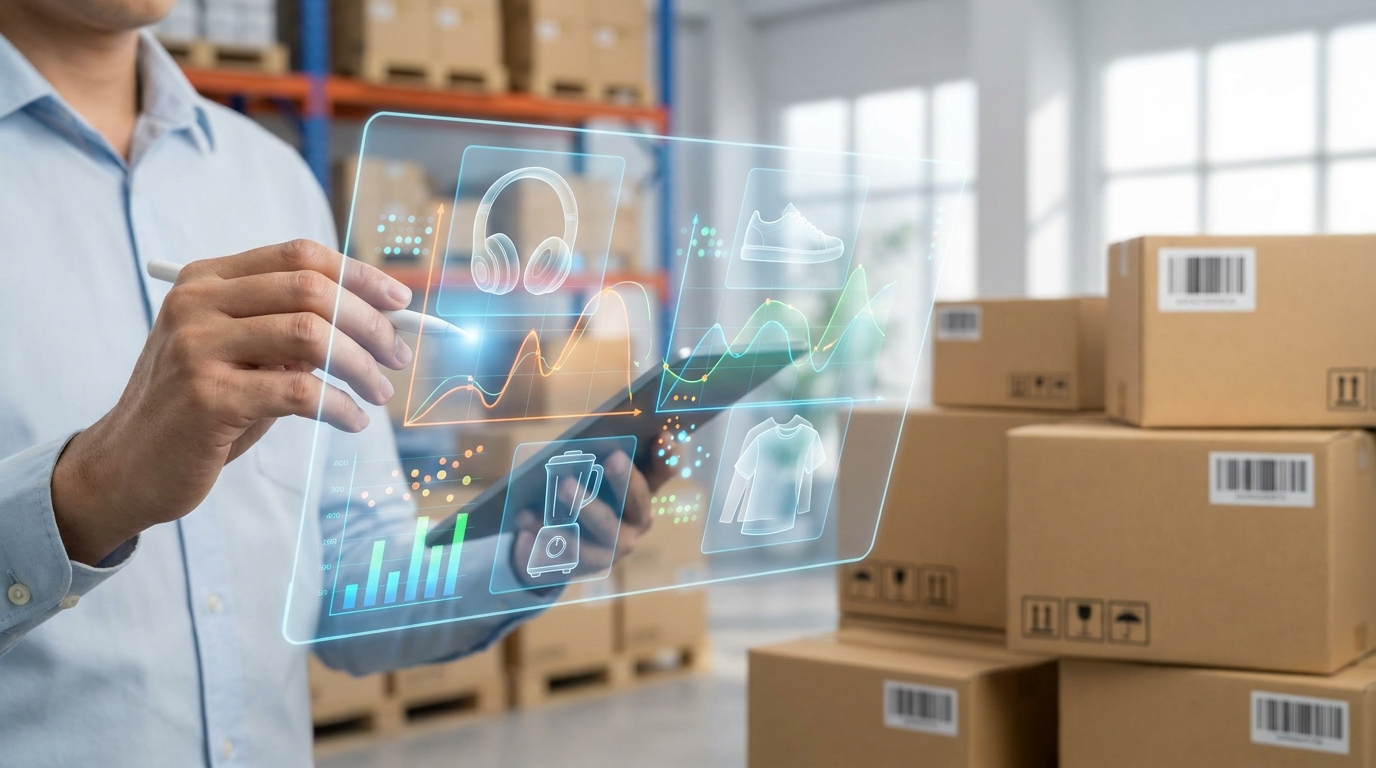 AI tools interface for dropshipping product research showing data and product images