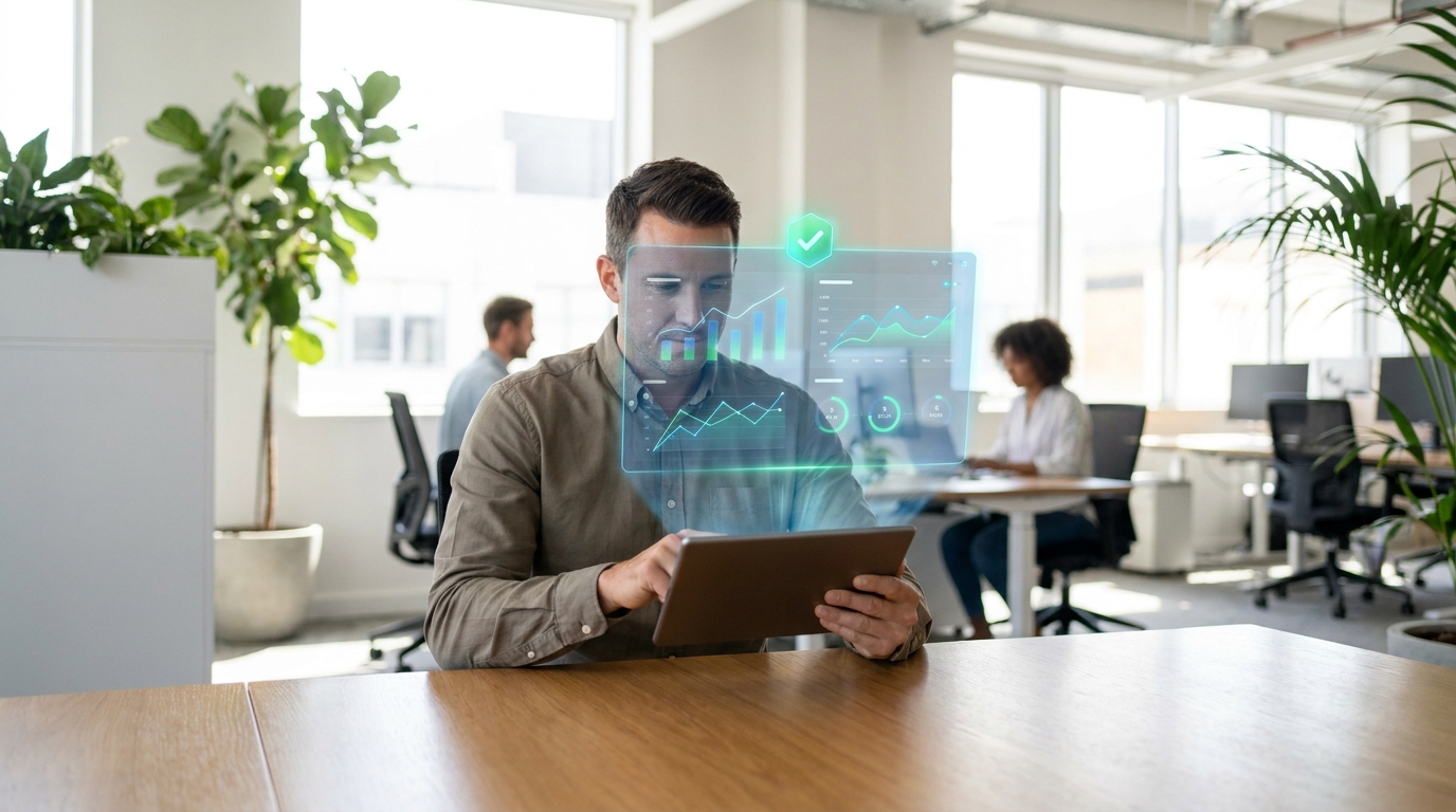 A person interacting with a holographic display showing real-time AI agent performance and customer service metrics, demonstrating the oversight capabilities of OpenAI Presence.